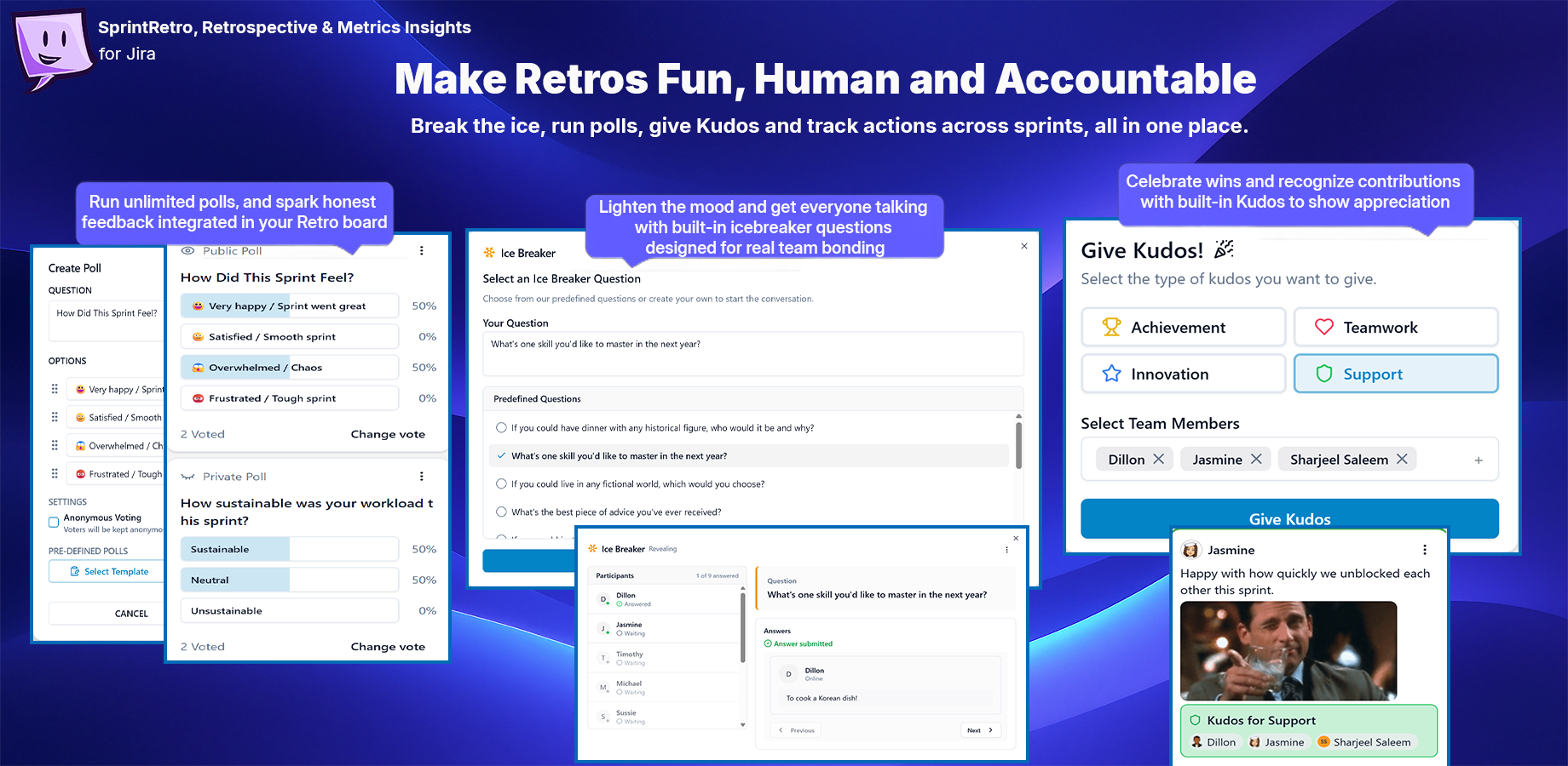 Icebreaker, Polls, Actions retrospective fun emoji and gifs